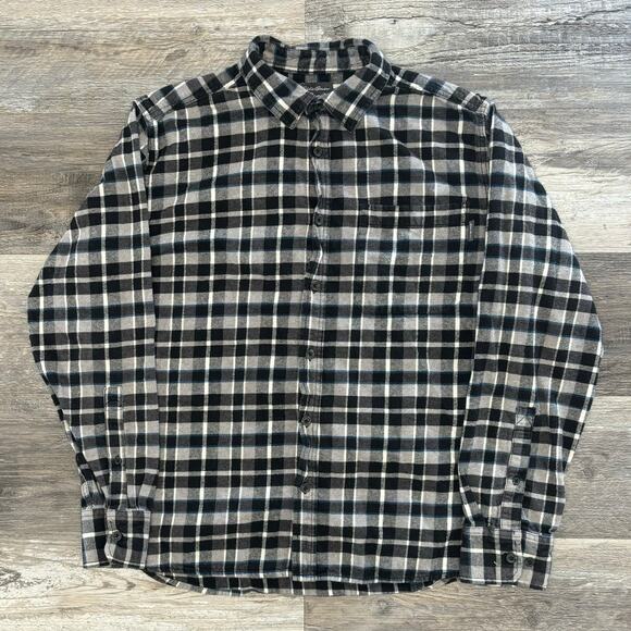 Eddie Bauer Black White Tartan Plaid Mens L Long‎ Sleeve Button Up Flannel Shirt - Picture 2 of 9